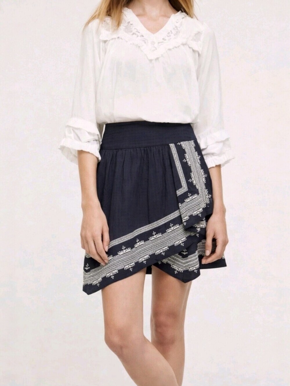 Anthropologie Holding Horses Womens 10 Blue Embroidered Faux Wrap Mini Skirt
